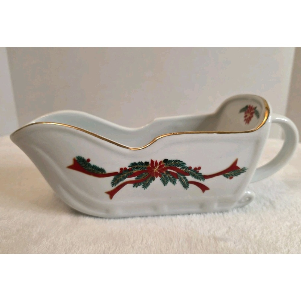 Tienshan Festive Sleigh Dish Poinsettia &‎ Ribbons Fine China (SEE DESCRIPTION)